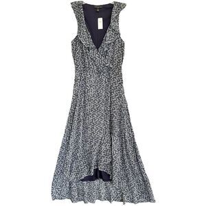 Banana Republic Wrap Midi Dress Womens XS Ruffles High Low Billowy Feminine NWT